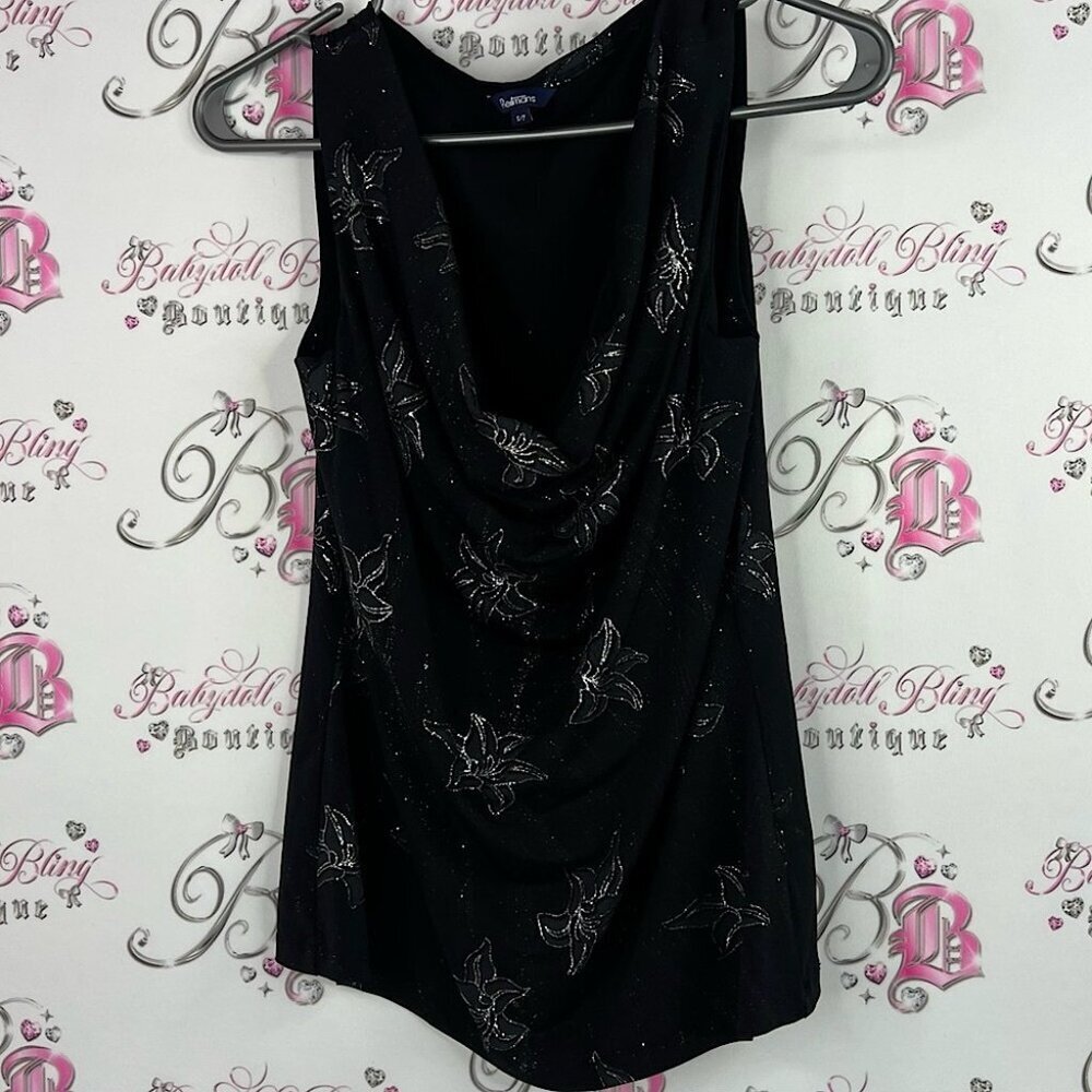 Reitmans tank top sparkly glitter flowers y2k scoop neck Black Floral Tank Top